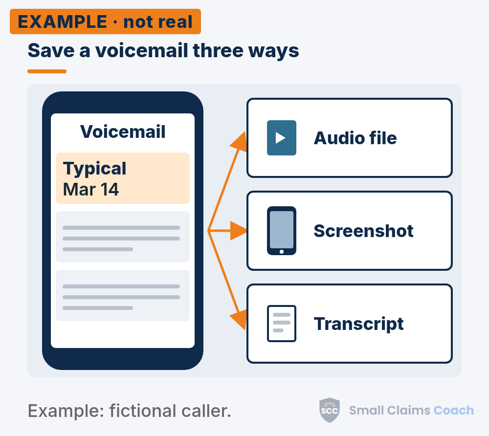 Phone voicemail screen next to an exported audio file and a typed transcript, showing how to save a voicemail as evidence