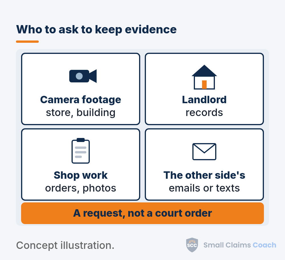Four cards showing who to ask to keep evidence: camera owners, landlords, repair shops and the other party