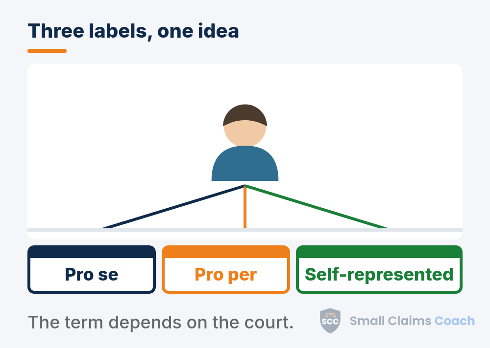 Diagram of one person with three name tags reading pro se, pro per and self-represented