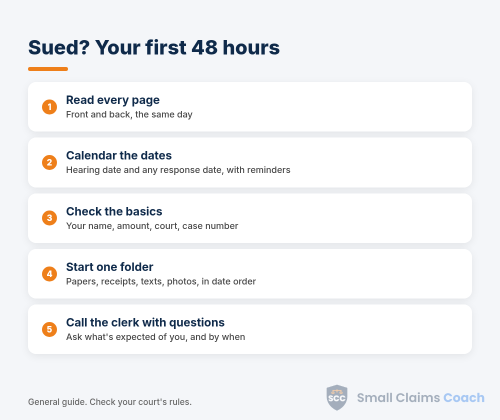 First 48 hours after being sued in small claims: read every page, calendar the dates, check the basics, start one folder, call the clerk