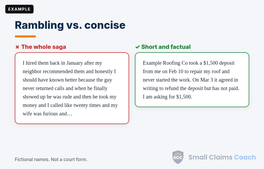 Example of a rambling small claims statement versus a short, factual statement for the same dispute