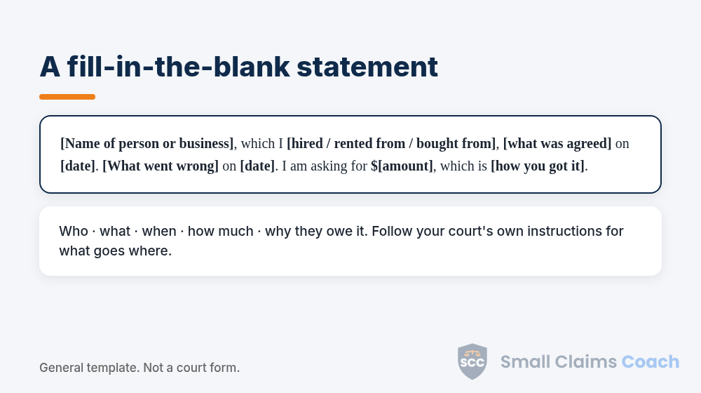 Fill-in-the-blank small claims statement template with who, what, when, how much and why