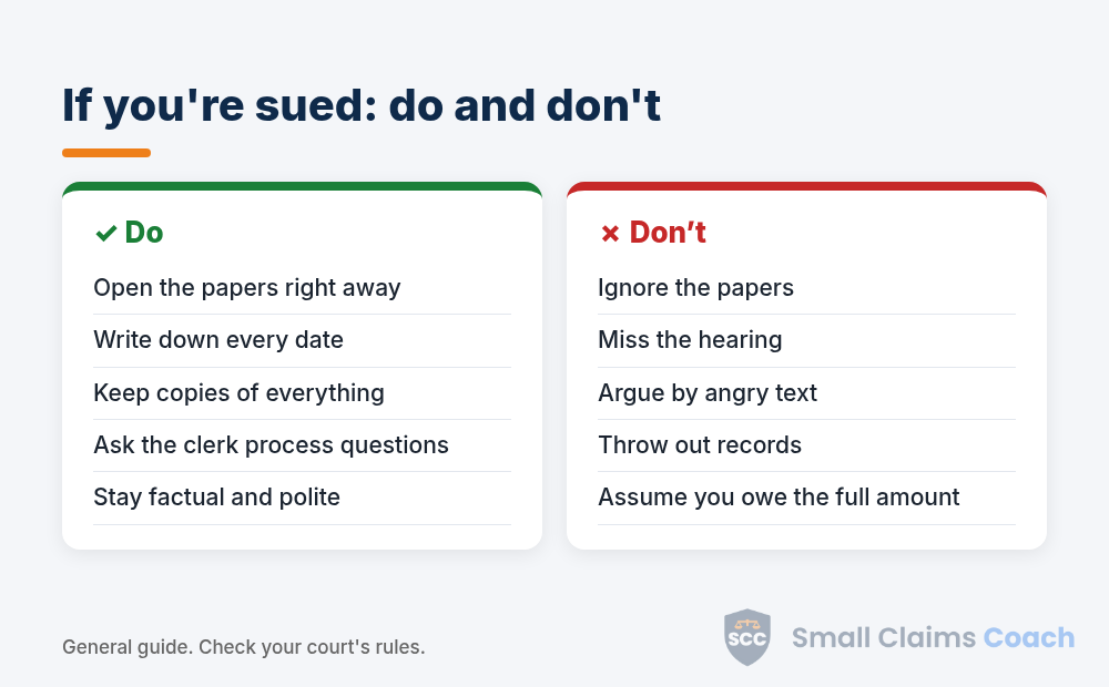 Do and don't list if you are sued in small claims: open the papers, write down dates, keep copies; do not ignore the papers or miss the hearing