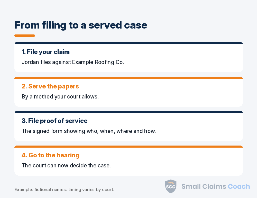 Four-step flow from filing a small claims case to serving papers, filing proof of service and the hearing