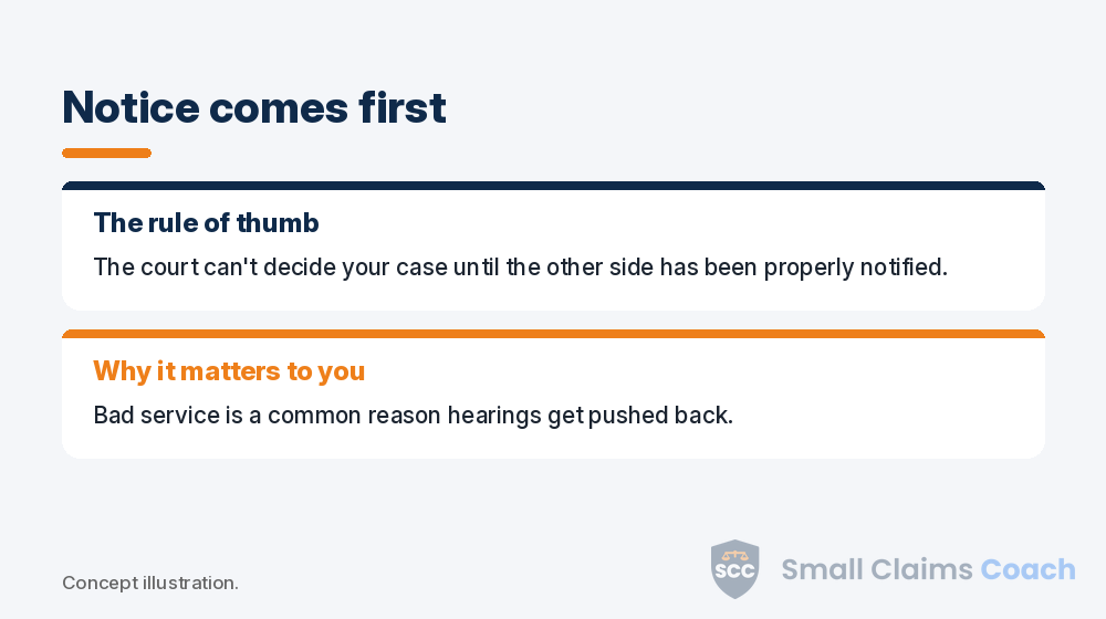 Card explaining that a small claims court needs proper notice to the other side before deciding a case