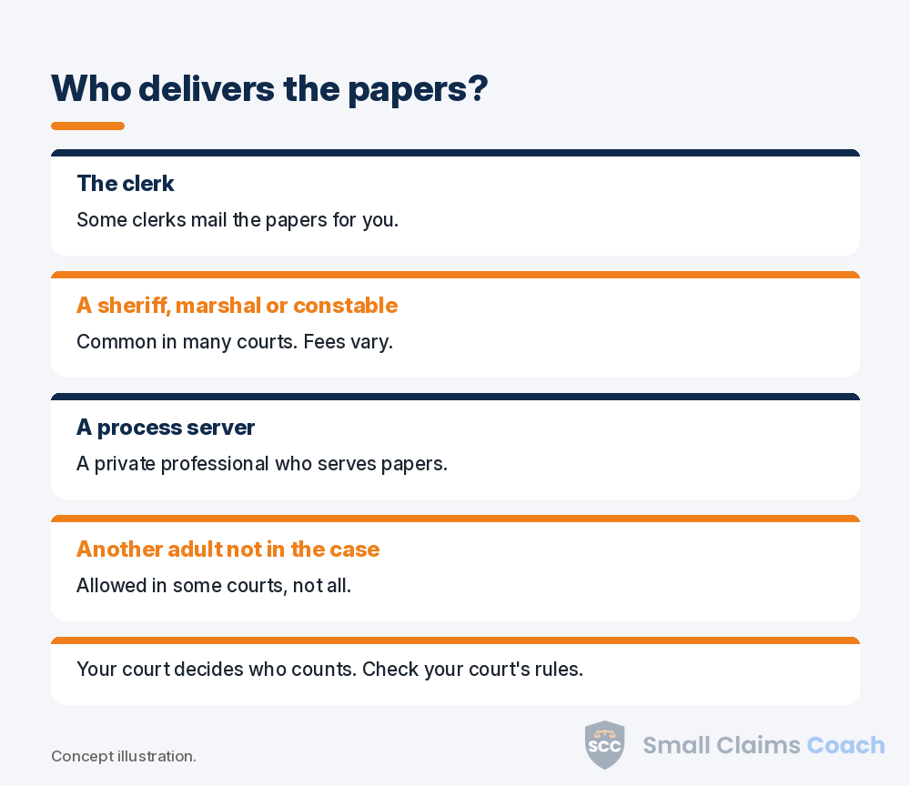 Four options for who can deliver small claims papers, from the court clerk to another adult