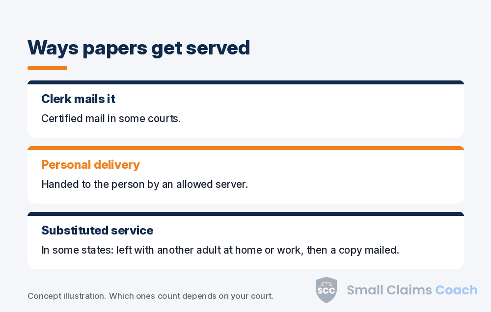 Comparison of common small claims service methods including certified mail, personal delivery and substituted service