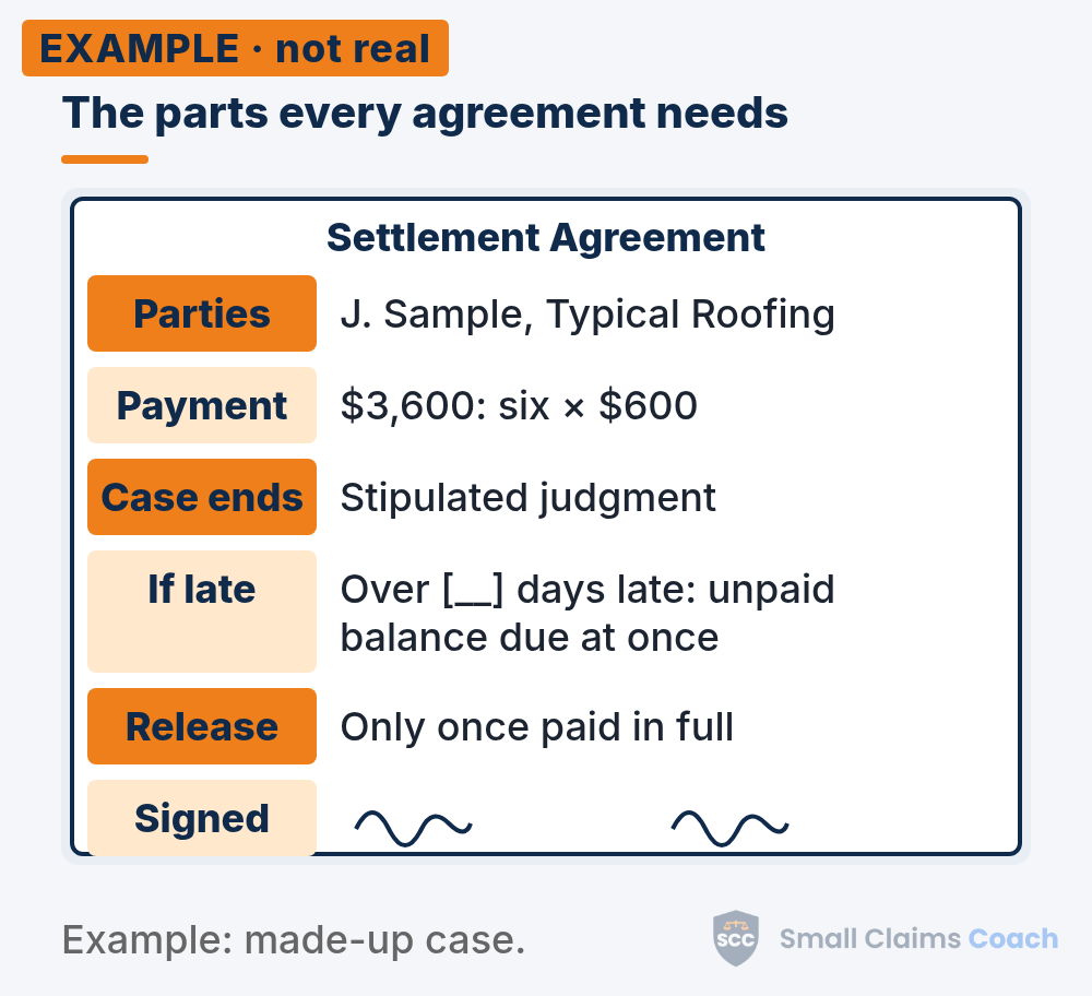 Annotated settlement agreement page highlighting parties, payment terms, release and signature lines