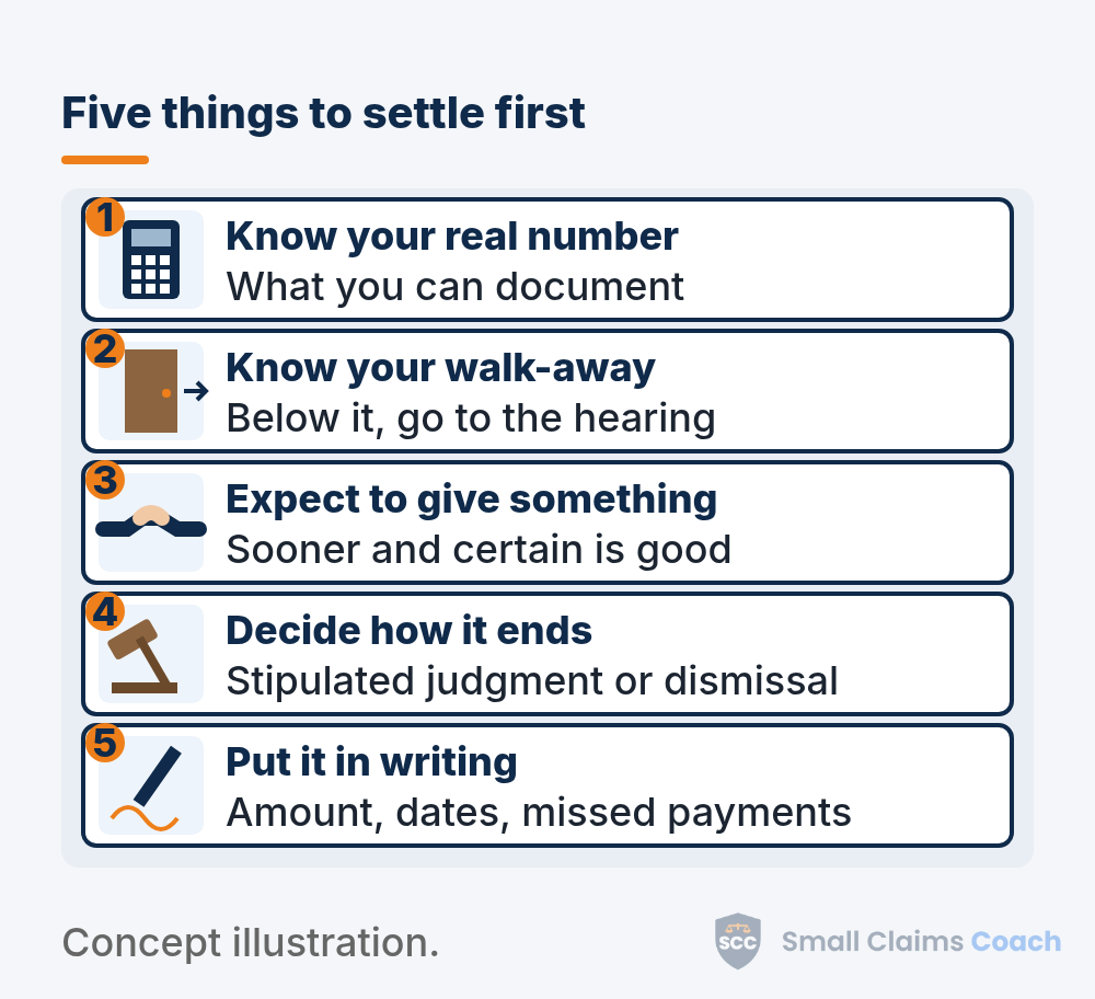 Checklist of five steps for approaching a small claims settlement, from knowing your number to putting it in writing