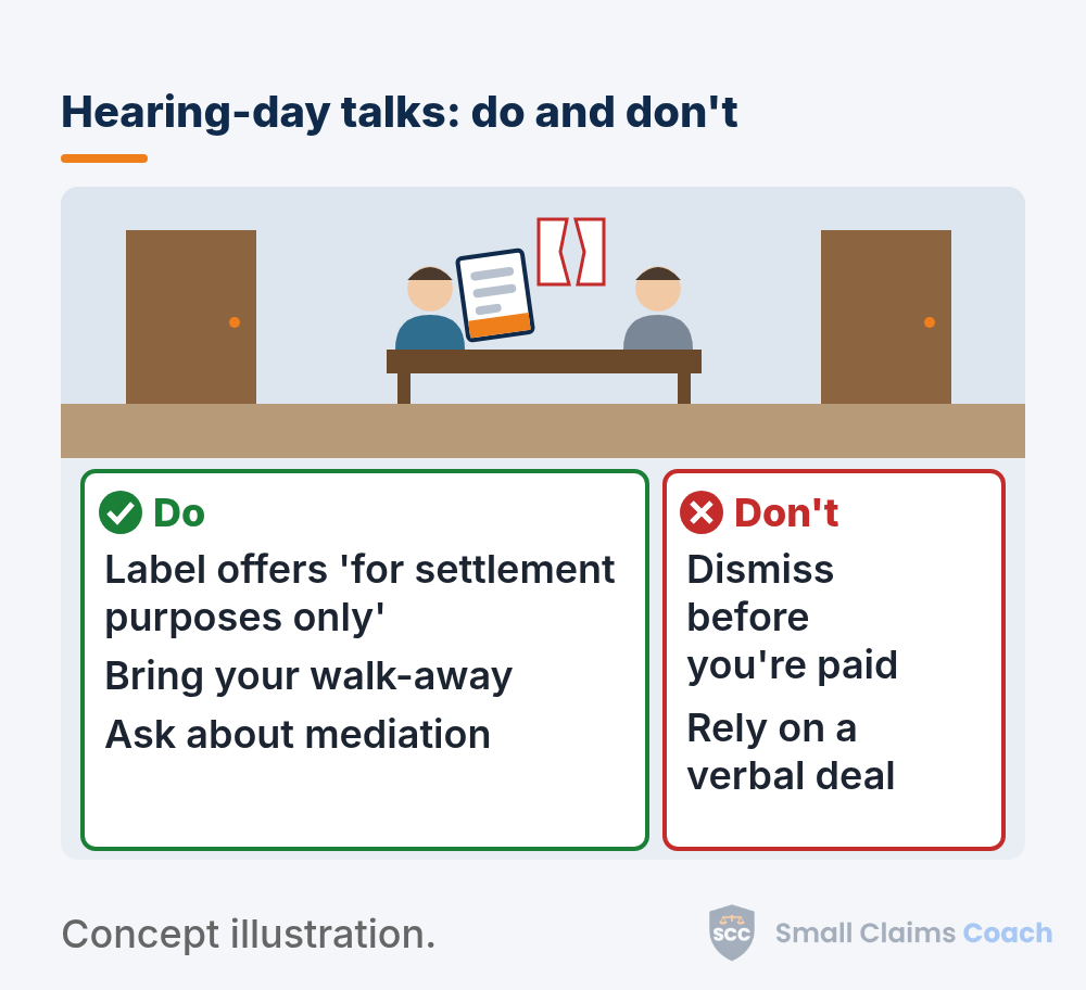 Courthouse hallway scene of two people at a small table with a labeled offer and a torn dismissal, above do and don't lists warning against dismissing before payment