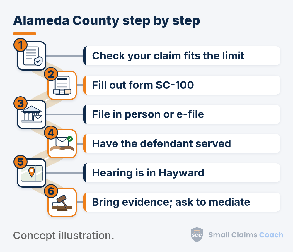 Illustrated winding road with six numbered stations for Alameda County, California small claims: check your claim fits the limit, fill out form SC-100, file in person or e-file, have the defendant served, plan on a hearing in Hayward, and bring evidence and ask about day-of-court mediation.