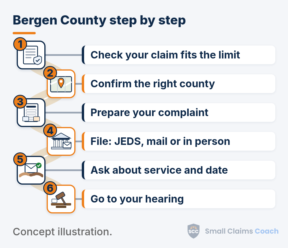 Illustrated winding road with six numbered stations for Bergen County, New Jersey small claims: check your claim fits the limit, confirm the right county, prepare your complaint, file: JEDS, mail or in person, ask about service and date, go to your hearing.