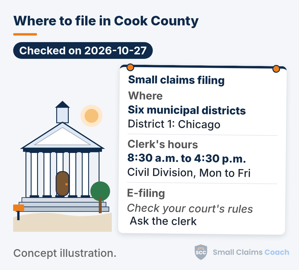 Drawn generic courthouse beside a pinned info board for the Circuit Court of Cook County: six municipal districts with District 1 in Chicago, Clerk's Civil Division hours 8:30 a.m. to 4:30 p.m. Monday to Friday, and e-filing marked check your court's rules, ask the clerk.