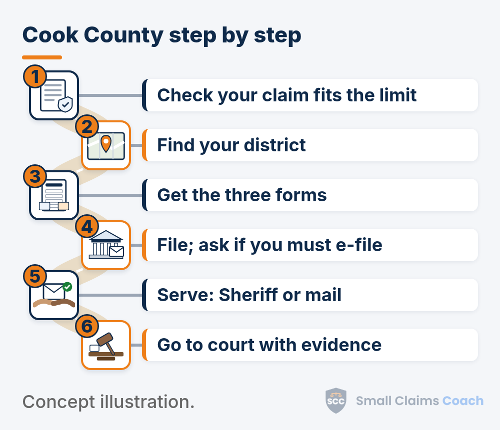 Illustrated winding road with six numbered stations for Cook County small claims: check your claim fits the limit, find your district, get the three forms (complaint, summons, cover sheet), file with the Clerk and ask if you must e-file, serve by Sheriff or certified mail, and go to court with evidence.