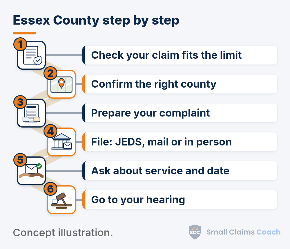 Illustrated winding road with six numbered stations for Essex County, New Jersey small claims: check your claim fits the limit, confirm the right county, prepare your complaint, file: JEDS, mail or in person, ask about service and date, go to your hearing.