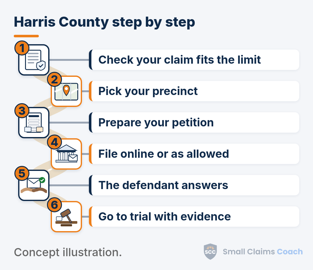 Illustrated winding road with six numbered stations for Harris County small claims: check your claim fits the limit, pick your precinct, prepare your petition, file online or as your court allows, the defendant answers, and go to trial with evidence.
