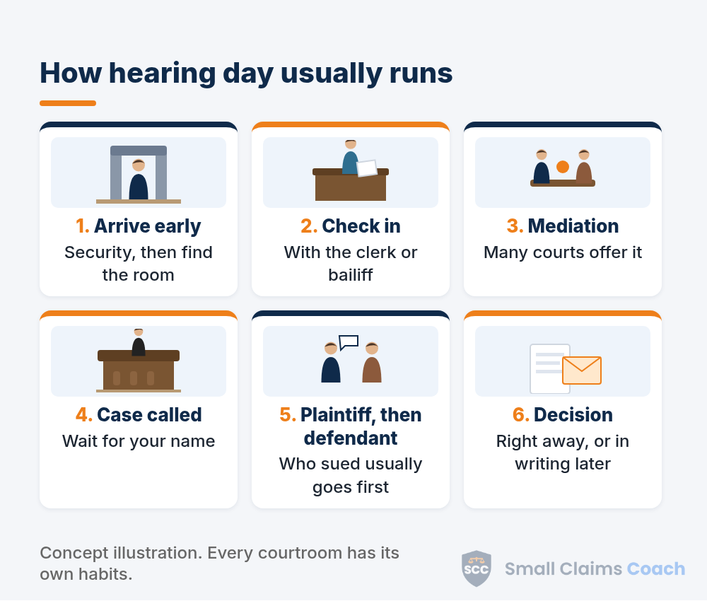 Illustrated timeline of a small claims hearing day from courthouse security to the judge's decision