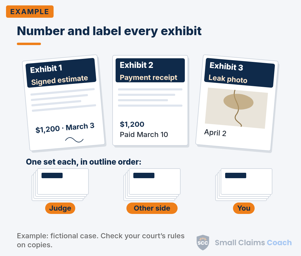 Three sample exhibit pages with numbered labels and short descriptions, stacked in copies for the judge, the other side and the plaintiff
