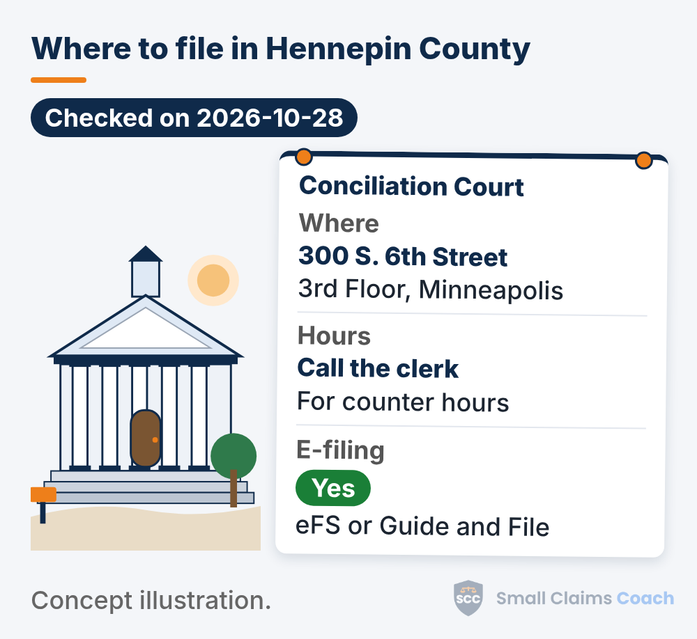 Illustrated courthouse with an info board for the Conciliation Court: where: 300 S. 6th Street, 3rd Floor, Minneapolis; hours: Call the clerk, for counter hours; e-filing: yes, eFS or Guide and File.