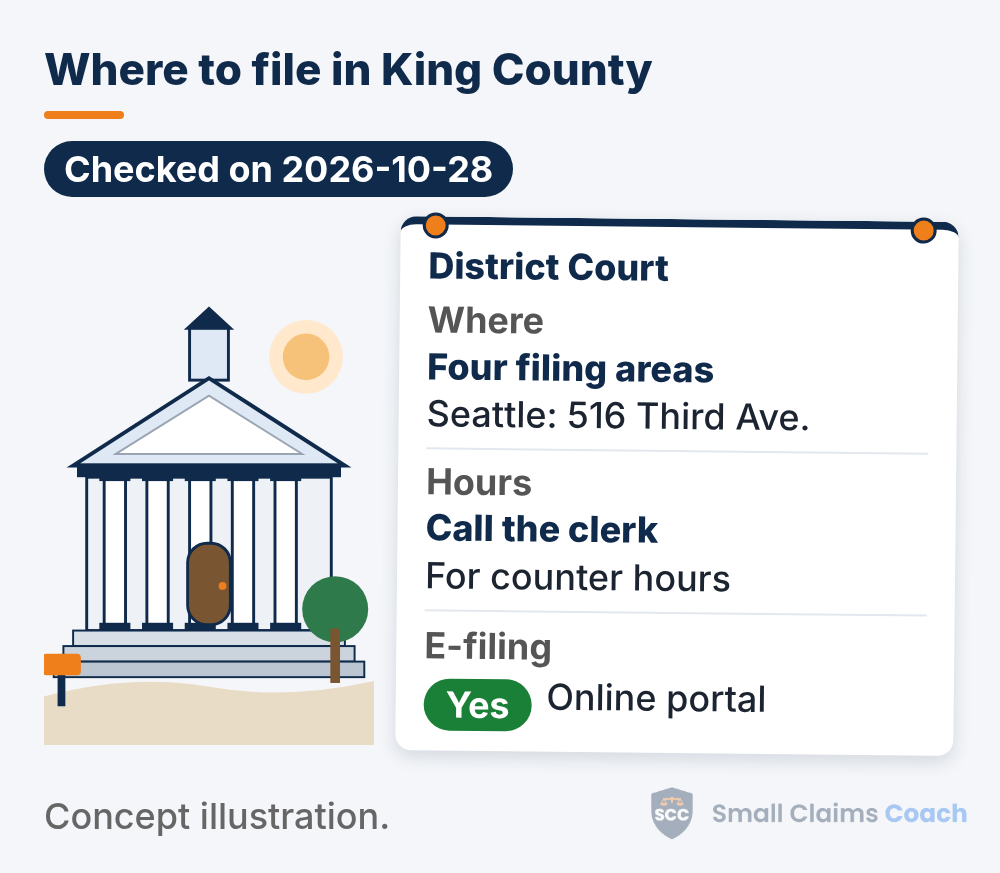 Illustrated courthouse with an info board for the District Court: where: Four filing areas, Seattle: 516 Third Ave.; hours: Call the clerk, For counter hours; e-filing: yes, online portal.