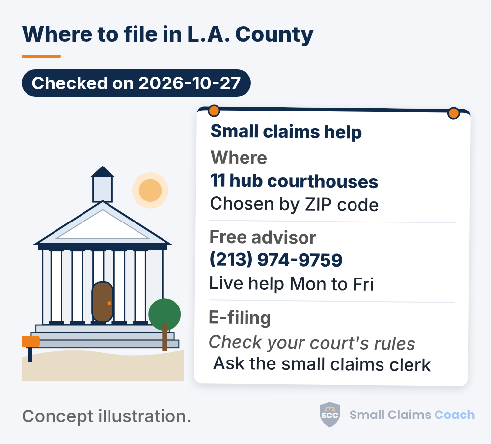 Drawn generic courthouse beside a pinned info board for Los Angeles County small claims help: 11 hub courthouses chosen by ZIP code, the free advisor line (213) 974-9759 with live help Monday to Friday, and e-filing to be confirmed with the clerk.