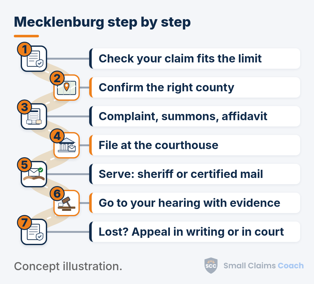 Illustrated winding road with seven numbered stations for Mecklenburg County, North Carolina small claims: check your claim fits the limit, confirm the right county, complaint, summons, affidavit, file at the courthouse, serve: sheriff or certified mail, go to your hearing with evidence, lost? Appeal in writing or in court.