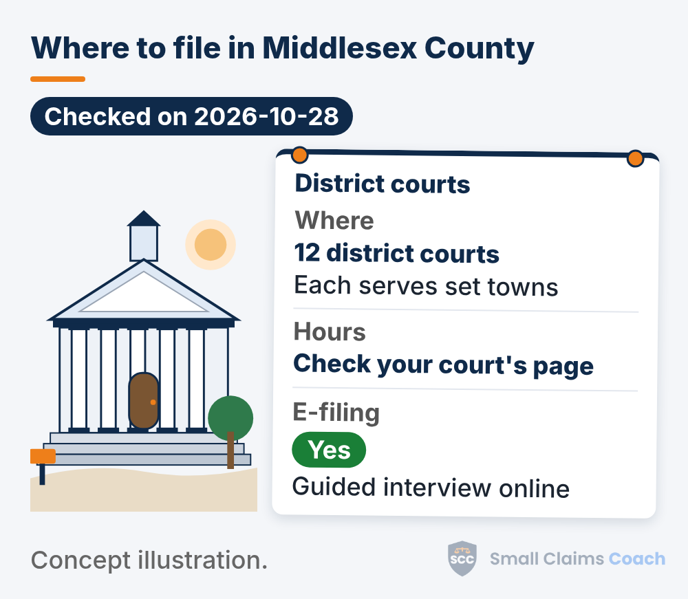 Illustrated courthouse with an info board for the District courts: where: 12 district courts, each serving set towns; hours: check your court's page; e-filing: yes, guided interview online.