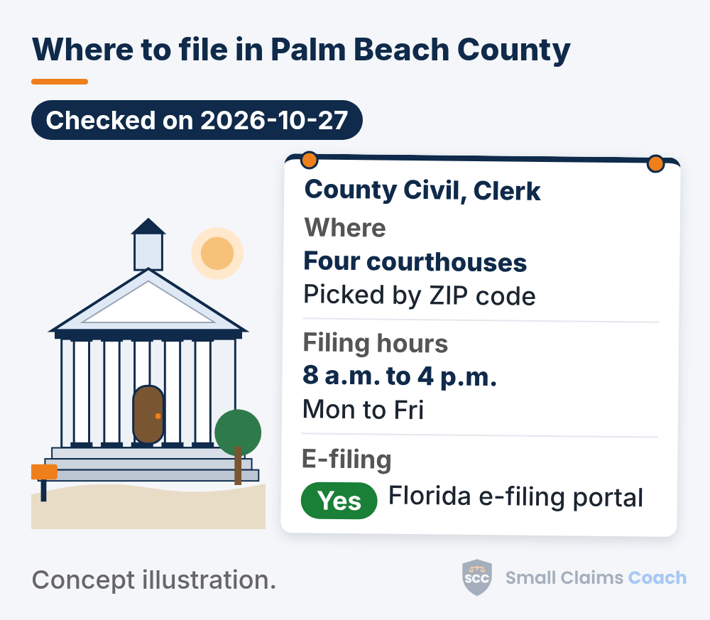 Drawn generic courthouse beside a pinned info board for Palm Beach County Clerk's County Civil filing at four courthouses chosen by ZIP code, filing hours 8 a.m. to 4 p.m. Monday to Friday, and e-filing marked Yes through the Florida portal.
