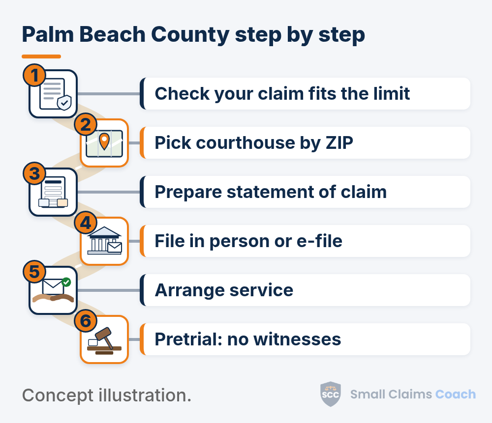 Illustrated winding road with six numbered stations for Palm Beach County, Florida small claims: check your claim fits the limit, pick the courthouse for your ZIP code, prepare your statement of claim, file in person or e-file, arrange service, and go to the pretrial conference with documents but no witnesses.