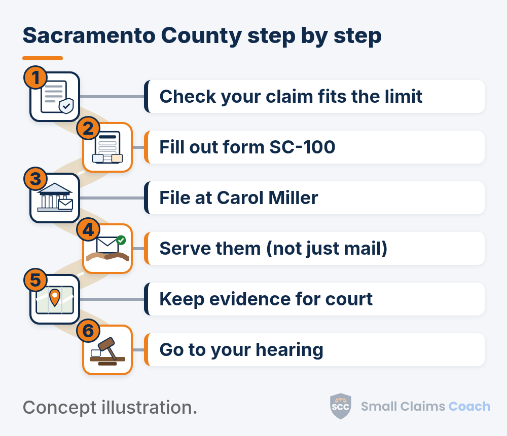 Illustrated winding road with six numbered stations for Sacramento County, California small claims: check your claim fits the limit, fill out form SC-100, file at the Carol Miller Justice Center, have the defendant served but not by mail alone, keep your evidence for court, and go to your hearing.