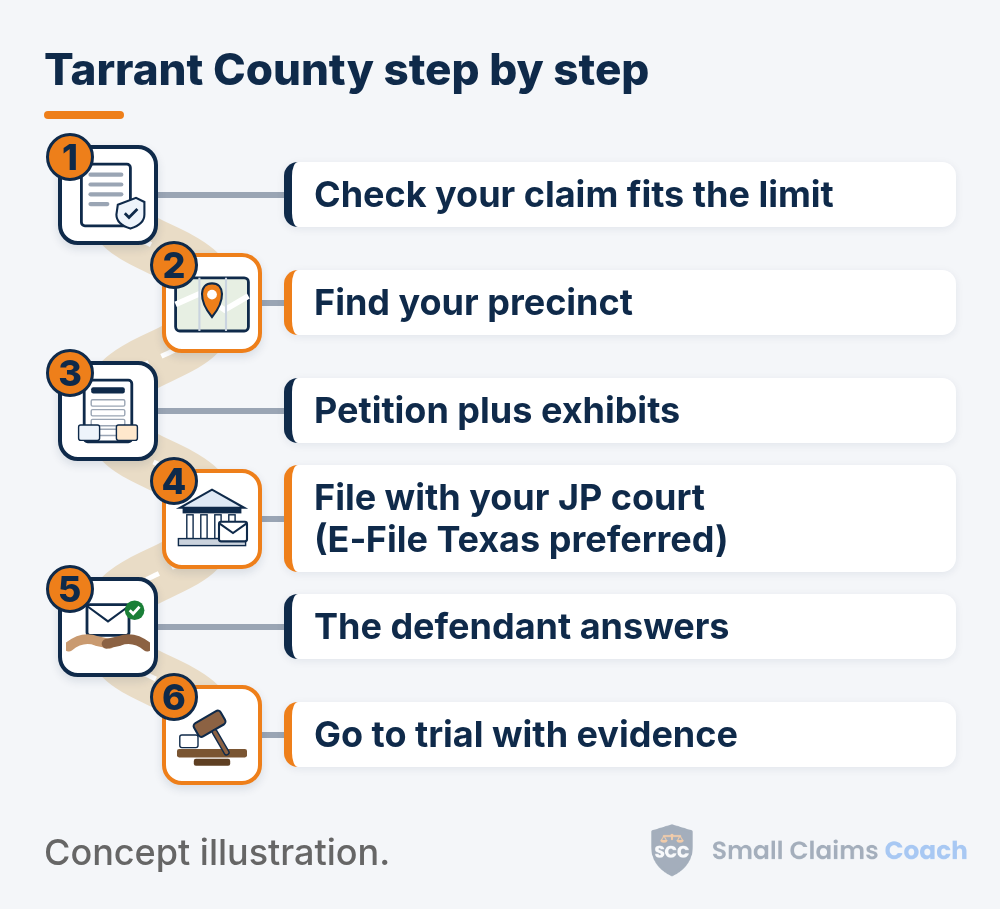 Illustrated winding road with six numbered stations for Tarrant County, Texas small claims: check your claim fits the limit, find your precinct, prepare your petition with exhibits, file with your JP court with E-File Texas preferred, the defendant answers, and go to trial with evidence.