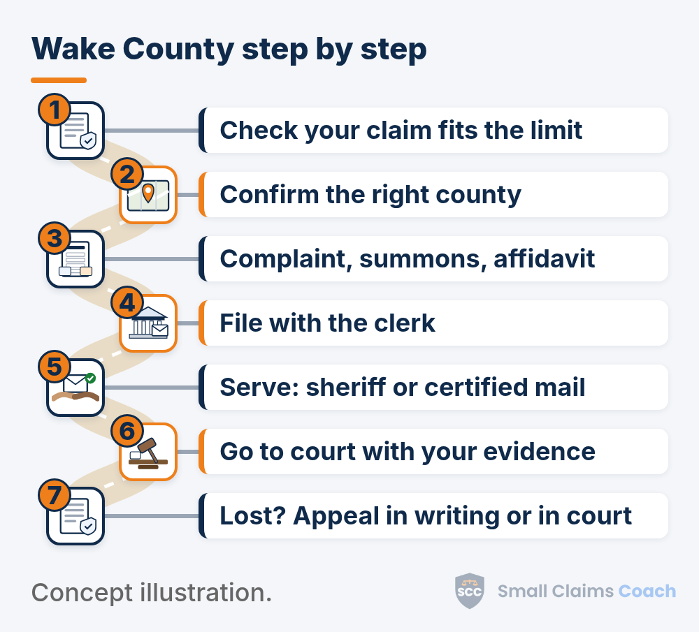 Illustrated winding road with seven numbered stations for Wake County, North Carolina small claims: check your claim fits the limit, confirm the right county, complaint, summons, affidavit, file with the clerk, serve: sheriff or certified mail, go to court with your evidence, lost? Appeal in writing or in court.