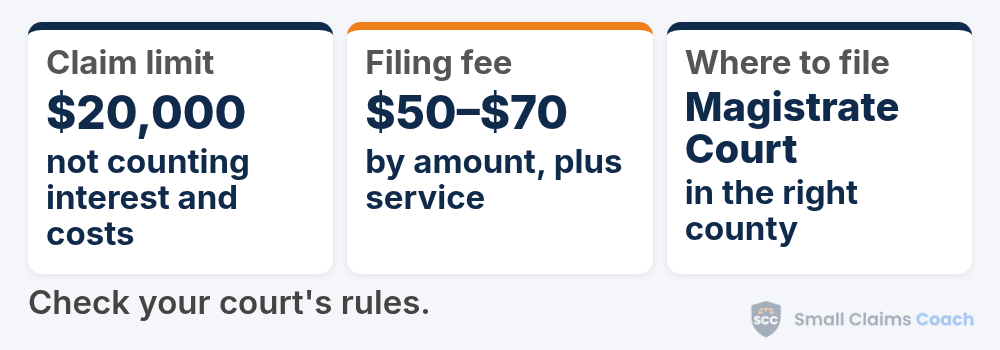 West Virginia small claims at a glance: Magistrate Court in the right county hears claims of $20,000 or less, not counting interest and costs, and filing costs $50, $55, $60 or $70 depending on the amount, plus a service fee.