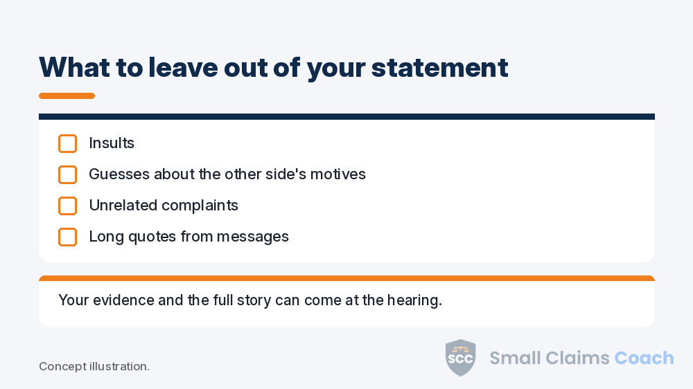 Checklist of four things to leave out of a small claims statement: insults, guesses about motives, unrelated complaints and long message quotes