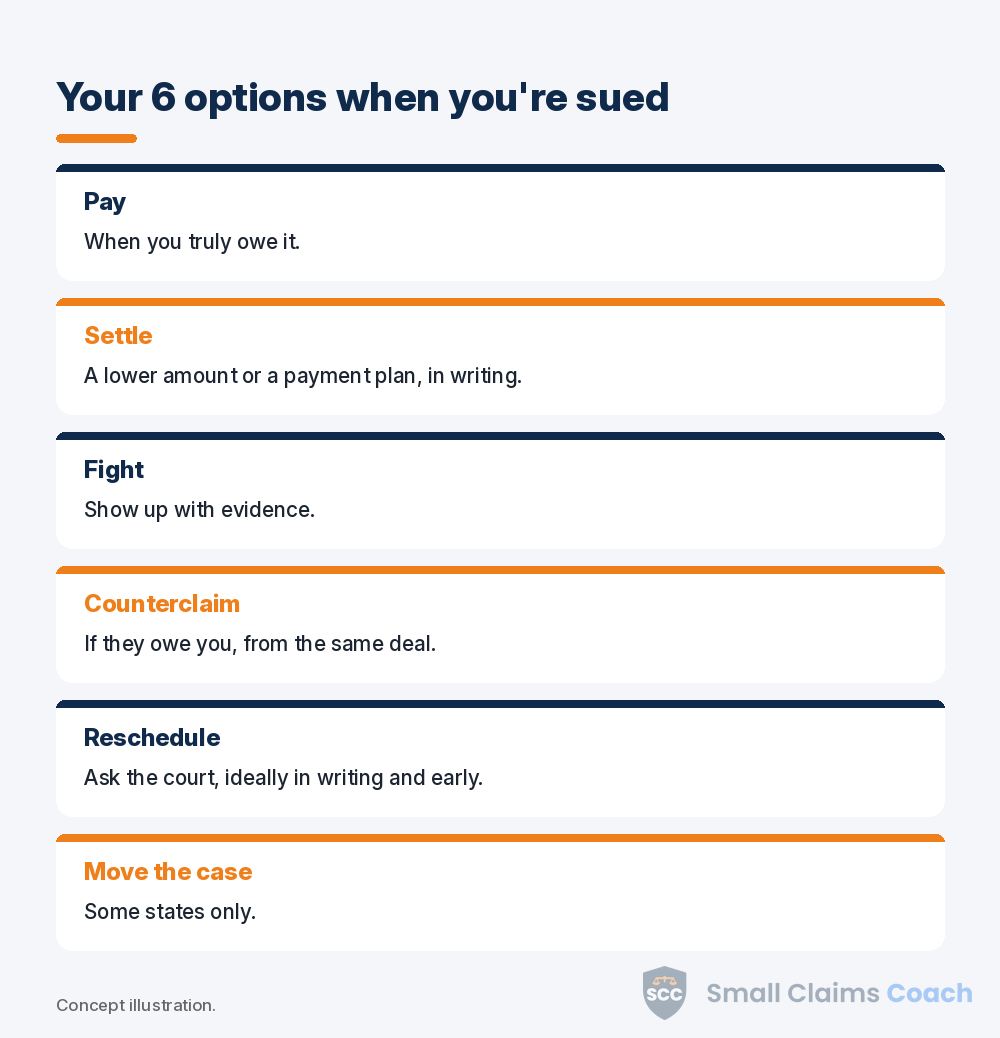 Six options for a defendant in small claims: pay, settle, fight, counterclaim, reschedule or move the case