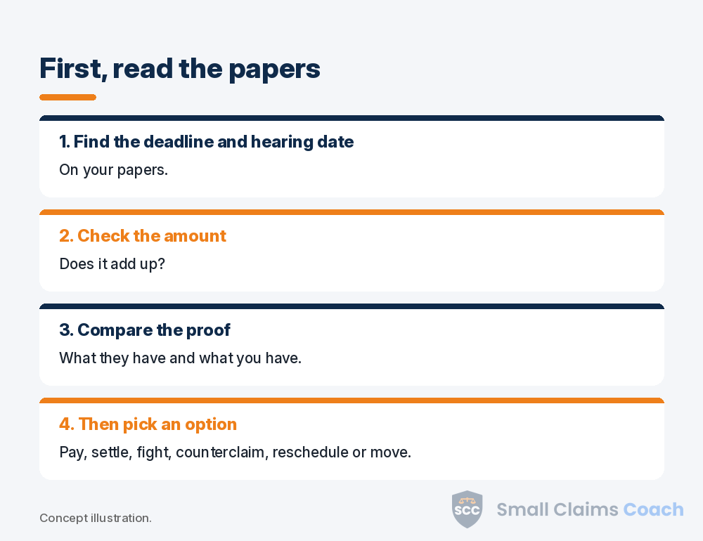 Four first steps after being served in small claims before choosing an option