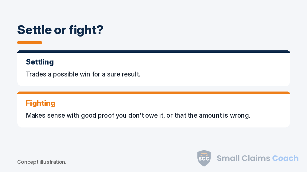 Comparison of settling versus fighting a small claims case as a defendant