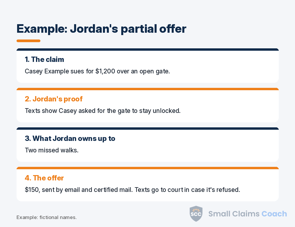 Made-up example of a defendant making a partial settlement offer in small claims