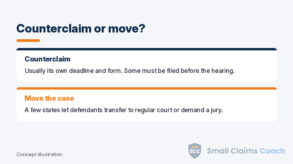 Cards comparing a small claims counterclaim with moving the case to regular court
