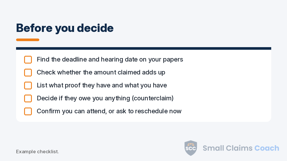 Five-item checklist for a small claims defendant before choosing an option