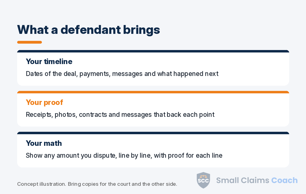 Diagram of what a defendant should bring to small claims court: timeline, proof and a line-by-line math breakdown