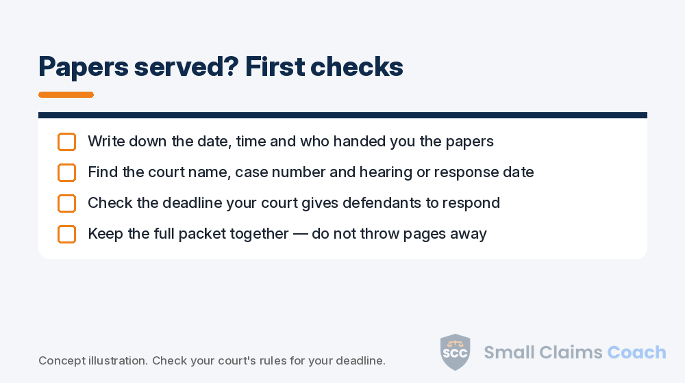 Checklist graphic for the first checks after small claims papers are served, including dates, court name, case number and deadline