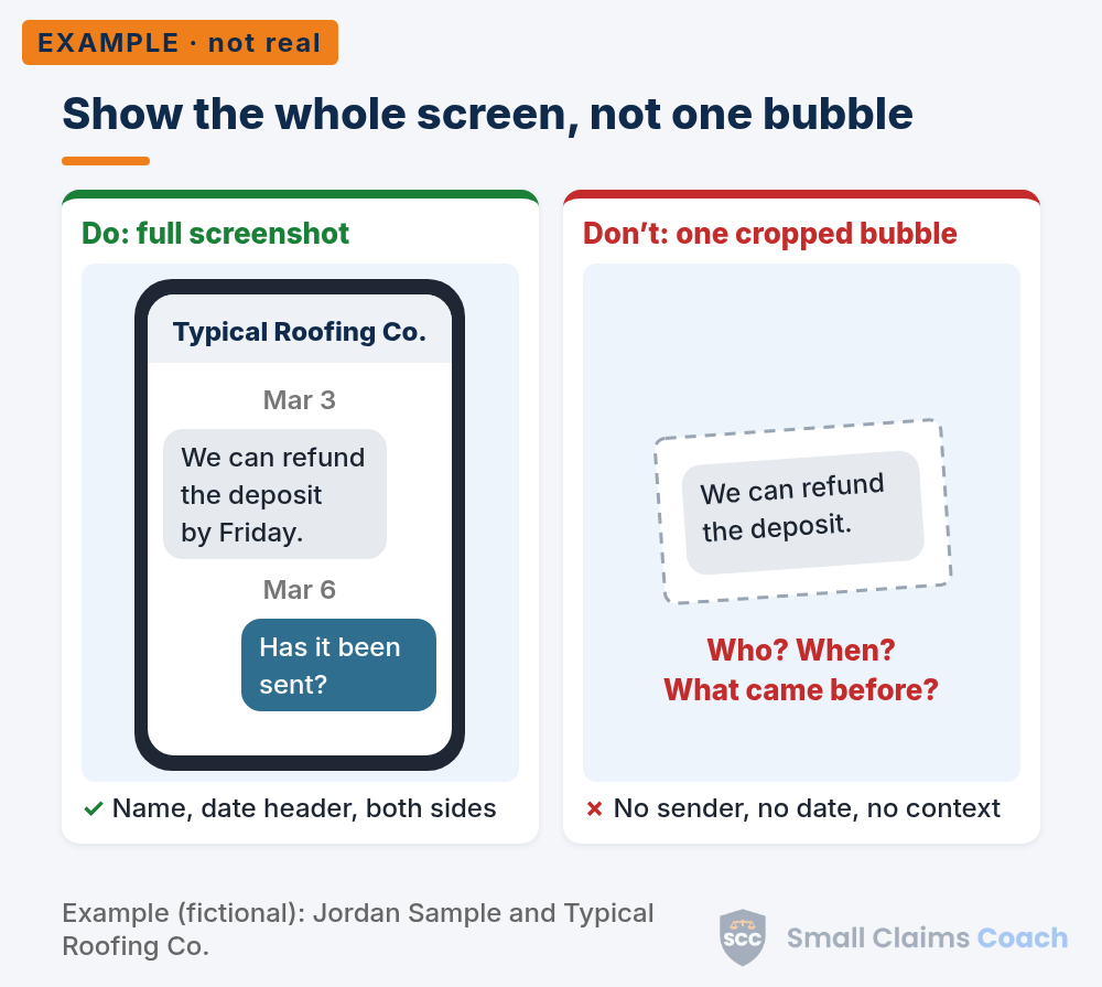 Side-by-side comparison of a full text screenshot showing the contact name, date and both sides, and a cropped single message