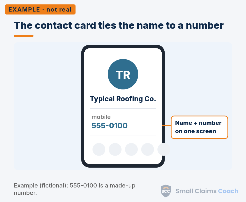 Generic contact card showing the name Typical Roofing Co. and a fictional phone number