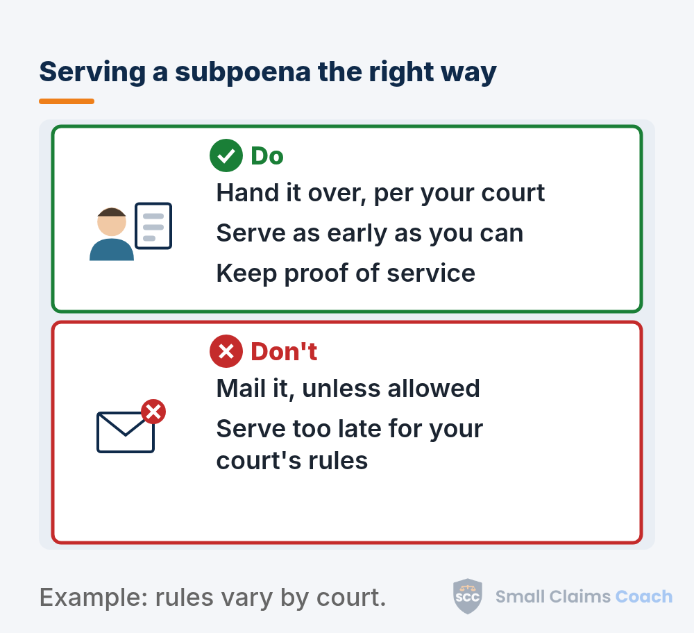 Do and don't card about serving a witness subpoena, with hand delivery and early timing on the do side