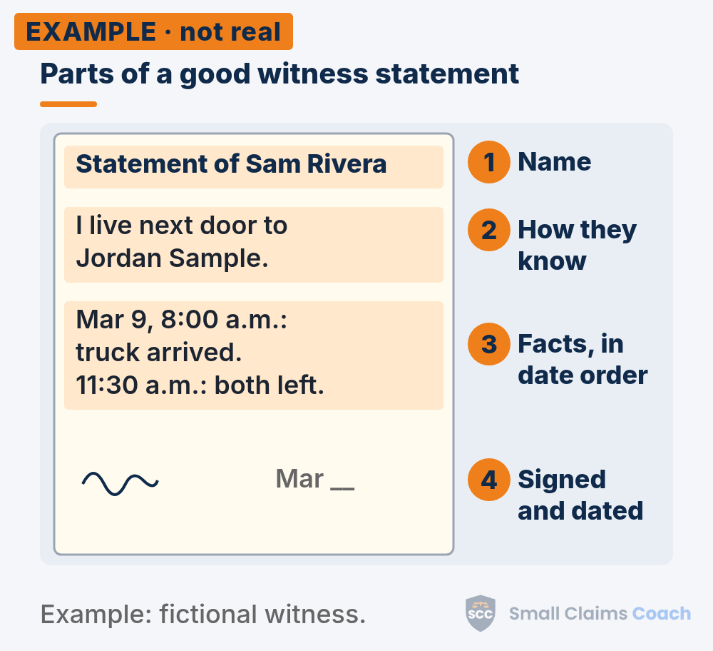 Annotated sample witness statement highlighting the witness name, first-hand facts in date order and signature line