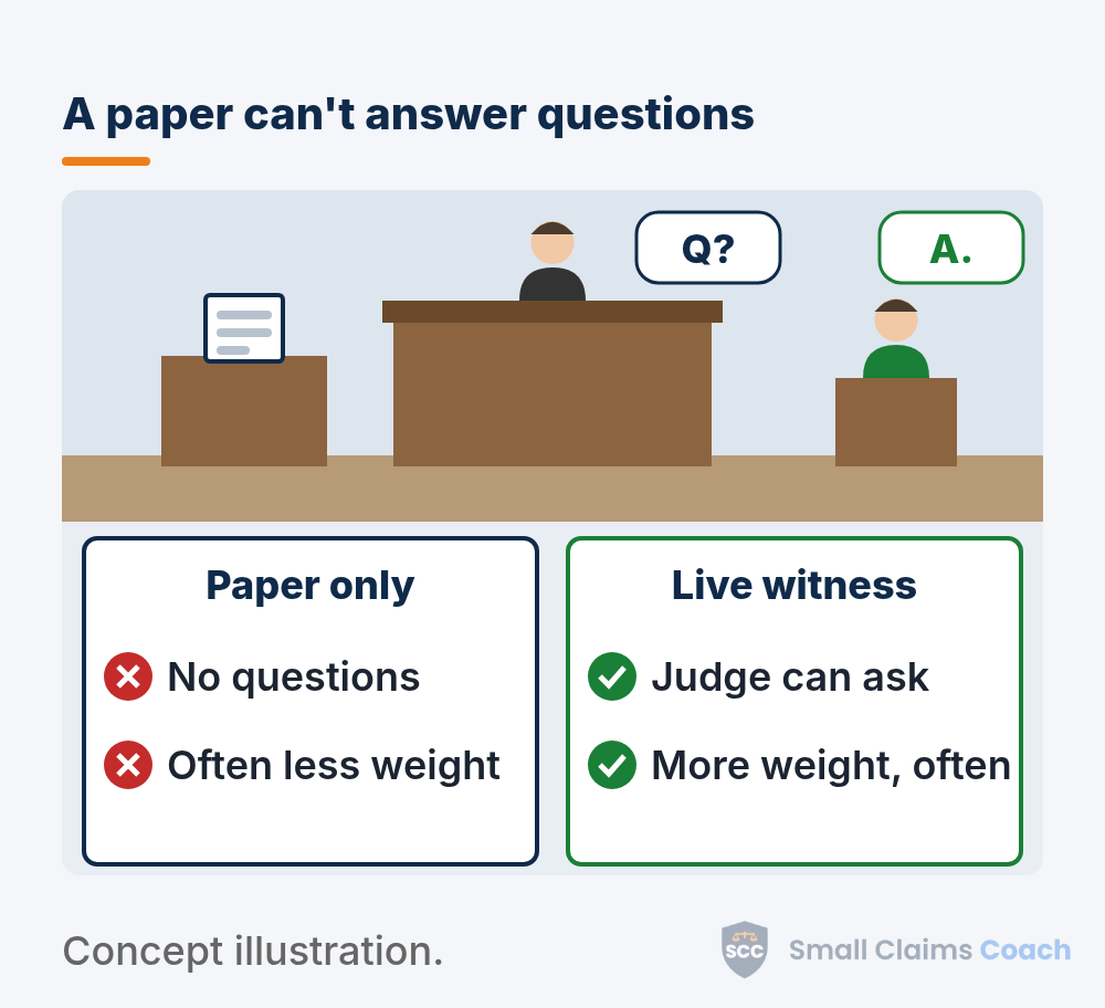 Hearing room scene with a written statement lying on a table while a live witness answers the judge's question, above cards comparing questions and weight