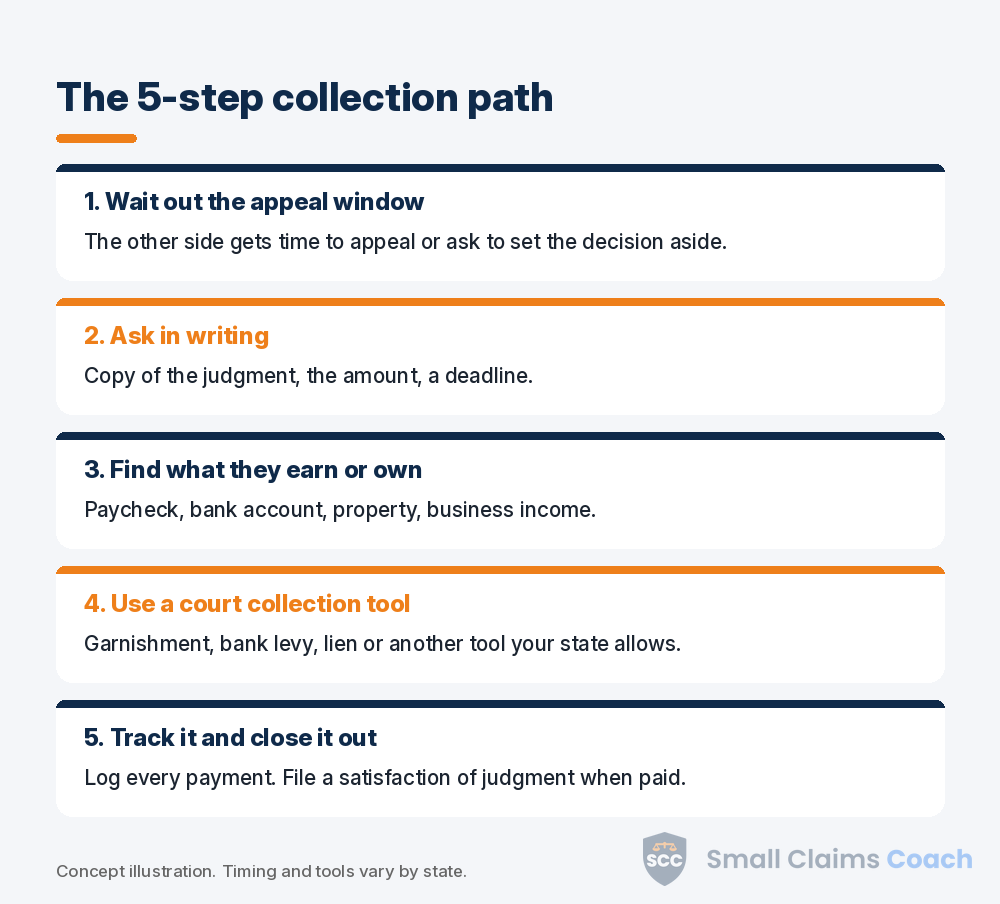 Five-step path for collecting a small claims judgment, from the appeal window to filing a satisfaction of judgment