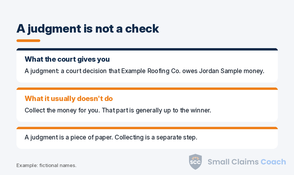Two cards contrasting what a small claims judgment gives the winner and what the court usually does not do
