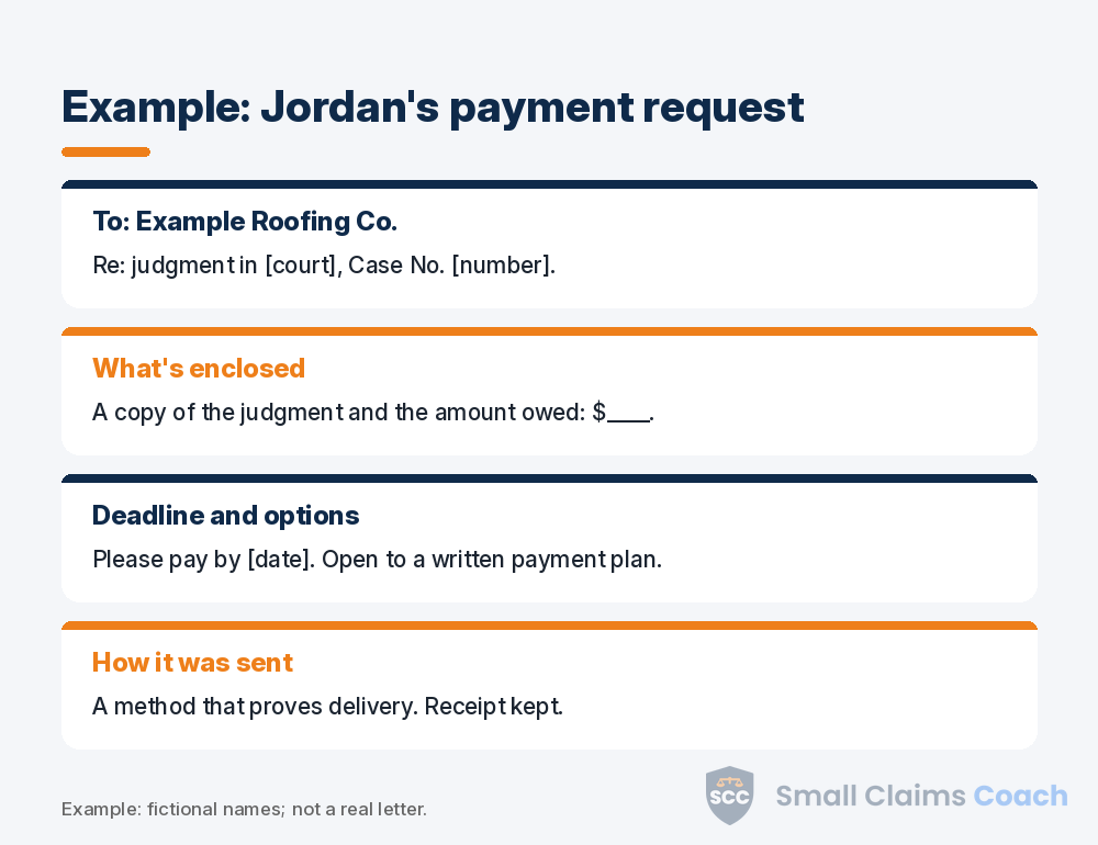 Mock outline of a written payment request after a small claims judgment, with a deadline and payment-plan offer